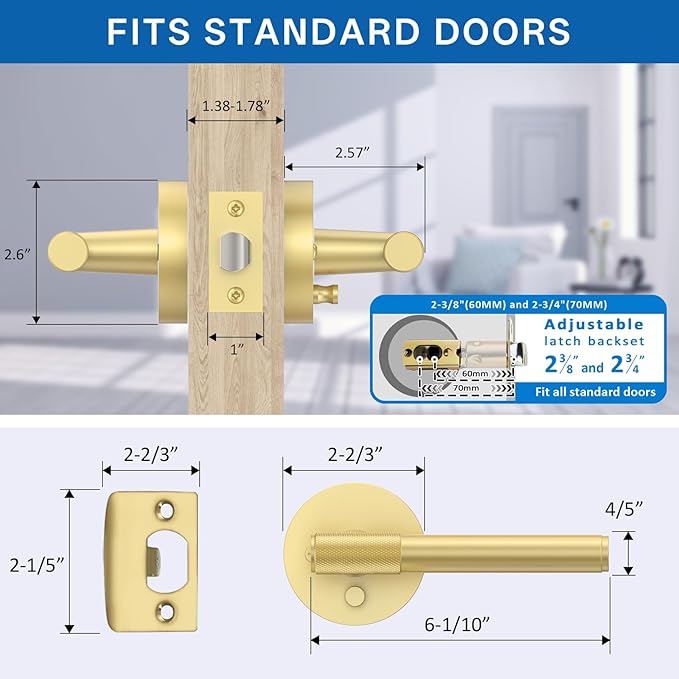 Amerdeco 1 Pack Brushed Gold Door Handles Interior, Knurled Privacy Door Handles with Lock,Gold Door Lever for Bedroom or Bathroom,Reversible Keyless for Left Right Handed Doors AM0027