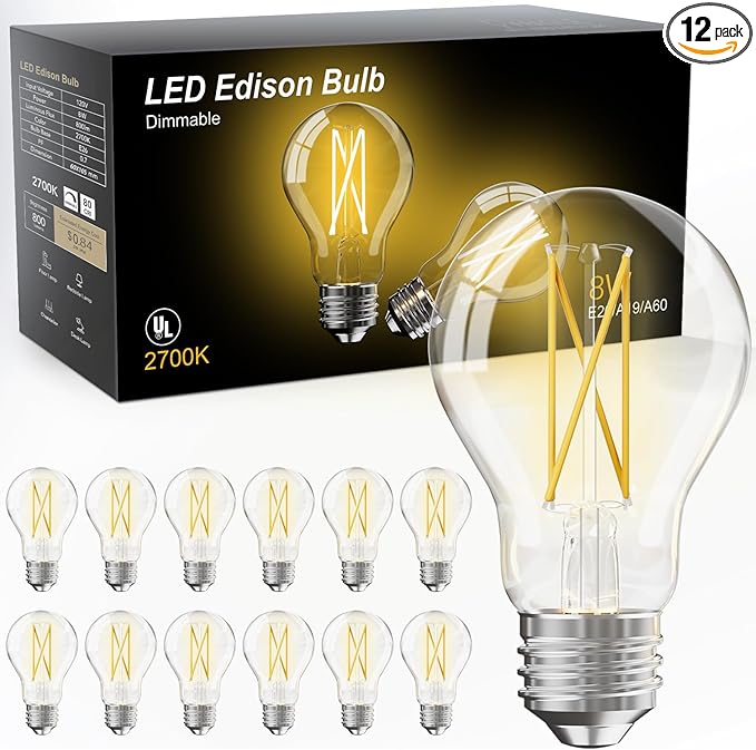 TJOY 12 Pack A19 Vintage LED Edison Bulbs, Dimmable, 60W Equivalent, High Brightness 2700K Warm White, 8W E26 Standard Base, 800 Lumens, CRI80+, Clear Glass Filament Bulb for Home, Farmhouse