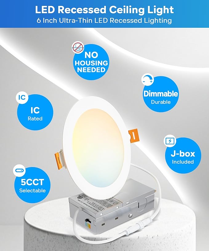 LVWIT 12 Pack Recessed Lighting 6 Inch with Junction Box, Ultra-Thin Dimmable 1200LM 2700K-5000K Wafer Downlight, Canless Smooth Trim LED Ceiling Light with ETL,FCC&IC