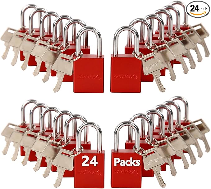SEPOX® Ultra-Durable Anti-Rust Outdoor Keyed Different Padlocks - Red 38mm (1-1/2") Long Shackle, 24-Pack w/ 3 Big Keys Each, Ideal for Gate, Storage, Locker, Fence & Lock-Out