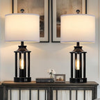 Black Living Room Lamps Set of 2, 3 Way Dimmable Touch Control Farmhouse Table Lamps with 2 USB Ports, Retro Bedside Lamp with 2 LED Nightlight,Rustic Bedroom Lamp for Nightstand(4 LED Bulbs Included)