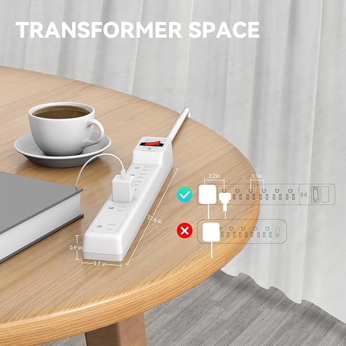 PLUGTUL Surge Protector 12FT (980 Joules), Flat Plug Power Strip, Extension Cord with Multiple Outlets, 7 Outlets, ETL Listed, 14 Gauge, Wall Mountable for Home Office Garage, White