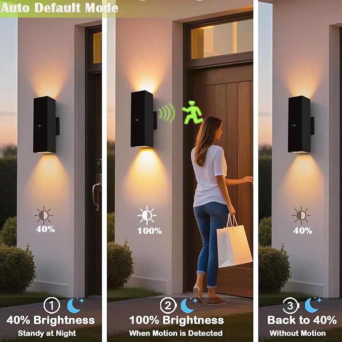 Motion Sensor Outdoor Wall Lights, Dusk to Dawn Exterior Wall Mount Light Fixtures with 3 Modes, Waterproof Up Down Porch Lights for House, Garage, Patio, Entryway, Matte Black
