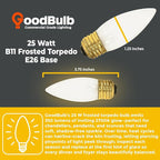 GoodBulb 25-Watt Incandescent Torpedo Light Bulbs B10 Frosted Finish Medium E26 Base 2700K Warm White Color Dimmable 175 Lumens Pack of 12 Bulbs