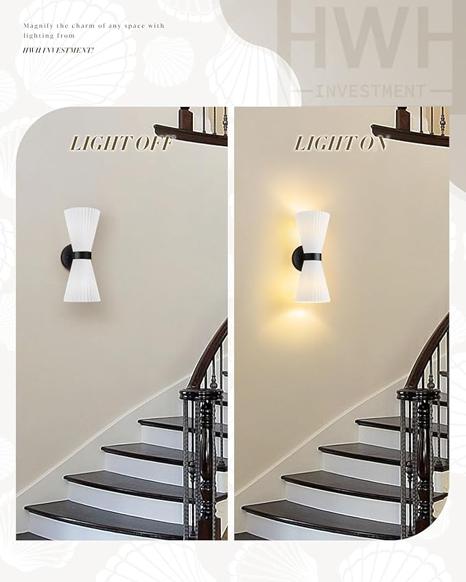 Black Wall Sconces Set of Two, HWH Modern Wall Light Fixtures Indoor Wall Lamp Up and Down, Matte Black Finish with Frosted Milk White Striped Glass Shade, 5HZG97B-2W-2PK BK