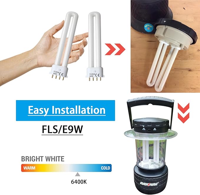 (2PACK FLS/E9W Fluorescent Bulb,Replacement for Camping Lantern Bulb,4 Pin 2G7 Base,5.5 inch Special Size,6400K