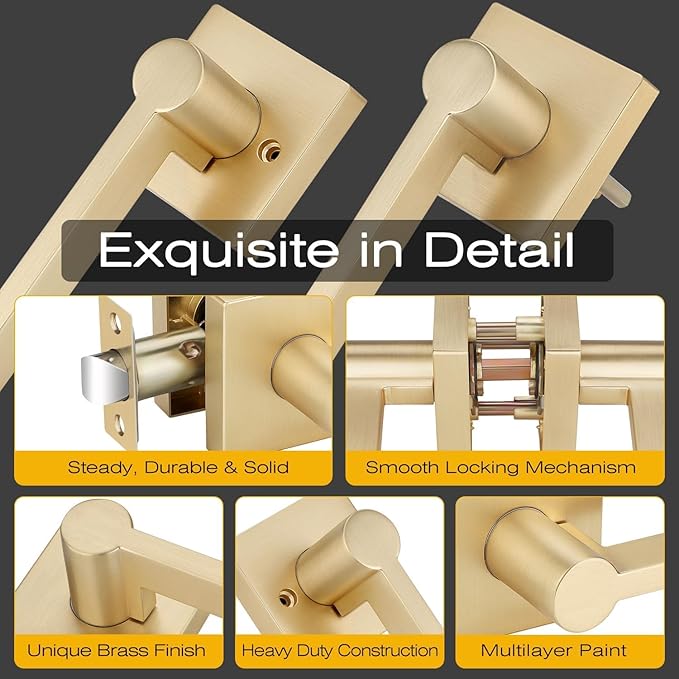 EHOMEWARE 6 Pcs Satin Brass Door Handles, Interior in Gold Finish, Passage Heavy Duty Contructions, Keyless Hallway Closet Door Knobs, Modern Door Levers