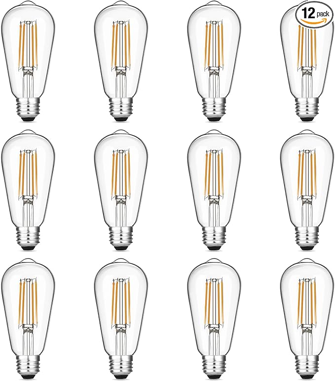 12-Pack Vintage LED Edison Light Bulb 60W Equivalent, Decorative Antique Filament Light Bulbs with 90+ CRI, Warm White 2700K, 750 Lumens, E26 Base, Dimmable