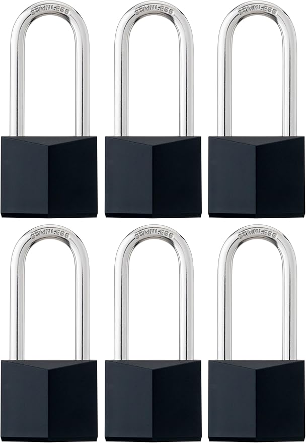 6-Pack Keyed Alike Locks, Black Covered Brass Keyed Padlock with Stainless Steel Long Shackle, 1-9/16 Inch Lock Body, Rustproof Locks for Gate Fence Hasp Cabinet Toolbox Gym or School Locker