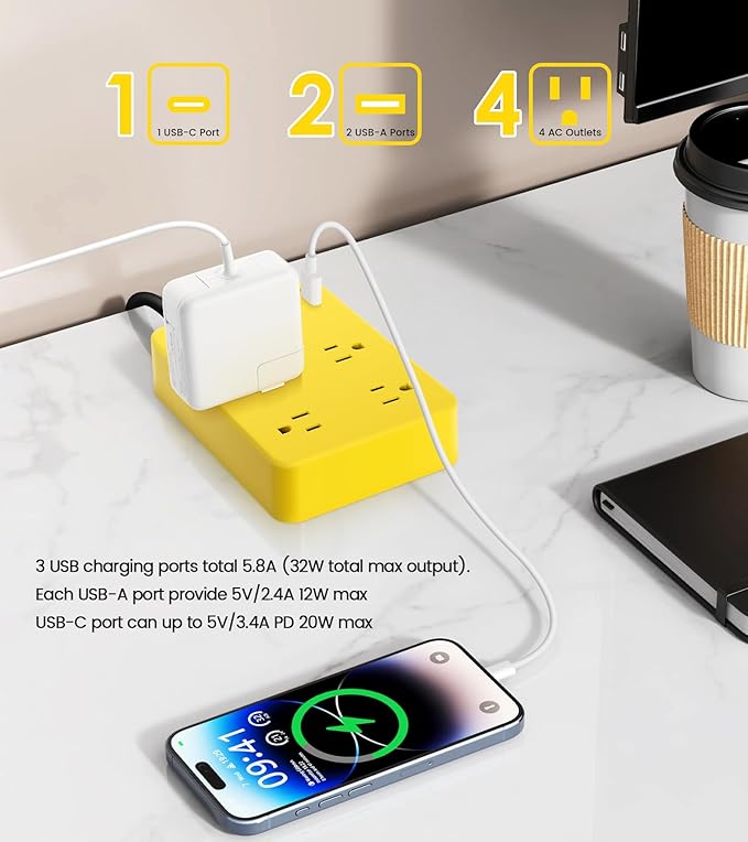 Outdoor Power Strip Weatherproof,Fast Charging Station 20W USB C,Waterproof Surge Protector 4 Outlets, Multi Outlet Extension for Camping, Garden, Kitchen,Bathroom,Flat Plug (Yellow, 10 FT Cable)