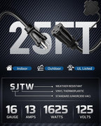 DEWENWILS 25Ft Outdoor Extension Cord Multiple Outlets, Evenly Spaced 3 Outlets Plugs with Safety Cover, 16/3 SJTW Weatherproof Wire for Outdoor String Lights and Holiday Decorations, UL Liste