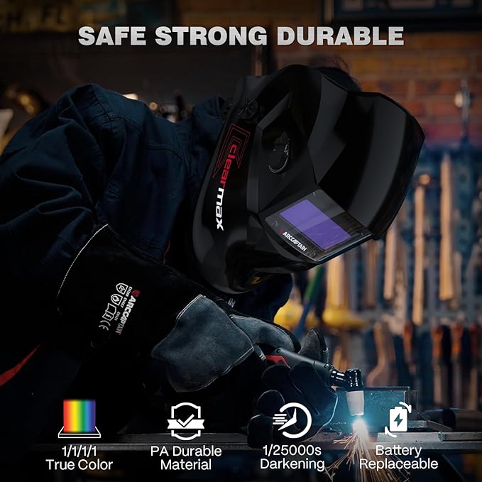 ARCCAPTAIN Welding Helmet Auto Darkening, 1/1/1/1 True Color Welding Hood, 4 Arc Sensor 1/25000s Response Time Solar Powered Weld Hood Helmet, Glossy Black