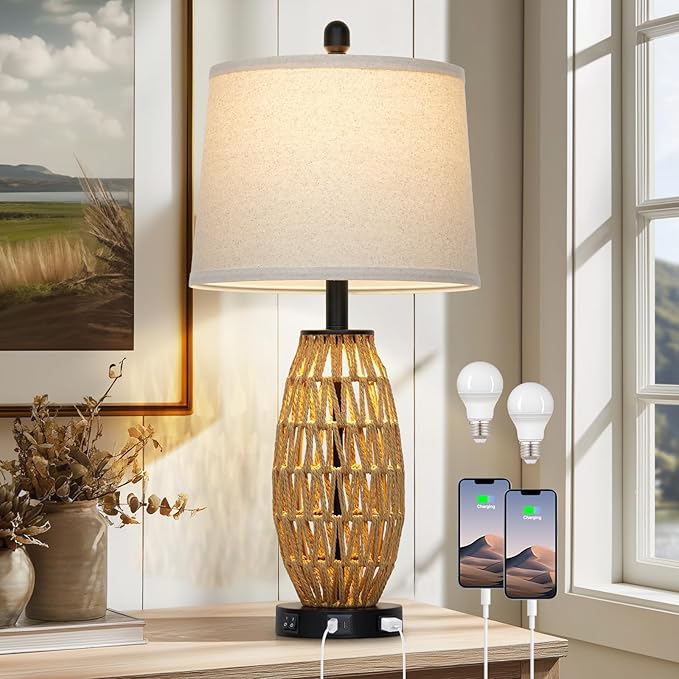 27" Boho Rattan Table Lamp with Night Light, Wicker Bedside Lamp with USB A+C Charging Port & AC Outlet, Woven Coastal Bedroom Lamps for Nightstand, Tall Farmhouse Lamps for Living Room Single