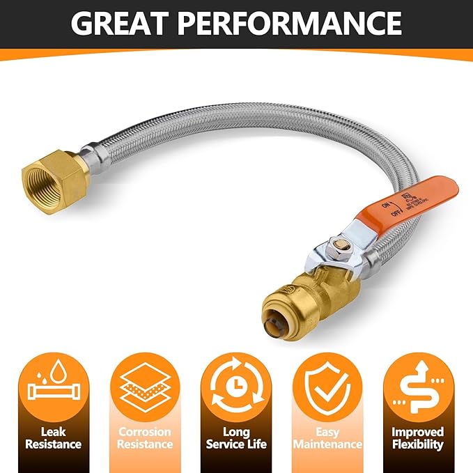 20-Pack HeSun 15-Inch Push-Fit Ball Valve Water Heater Connector, Push-to-Connect 1/2" x 3/4" FIP, Stainless Steel Flexible Heater Hose(HOSE036-20)