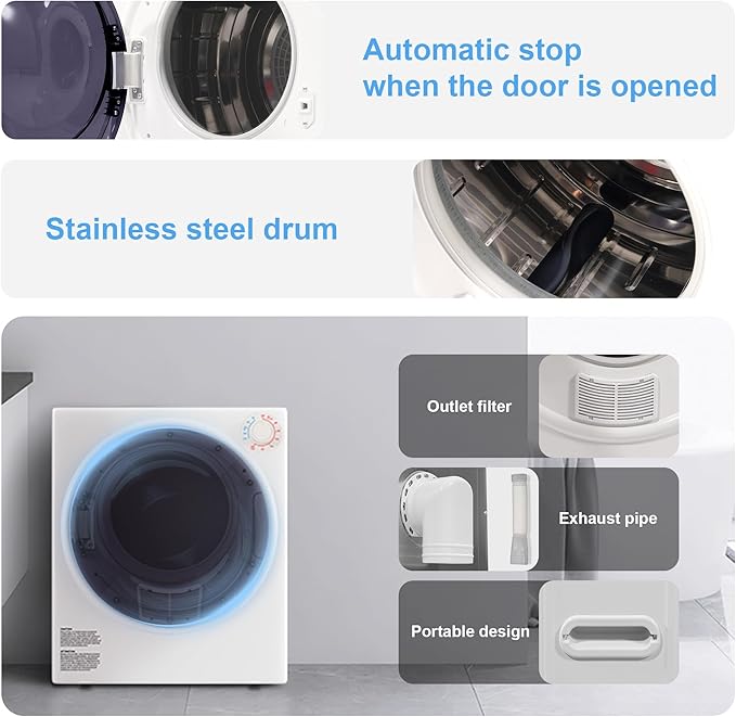 Elevon 800W Portable Clothes Dryer 2.6 cu.ft Drying Machine for Laundry with Stainless Steel Tub for Apartment, Rvs, Dorms, Compact Dryer for Small Space, Black/White