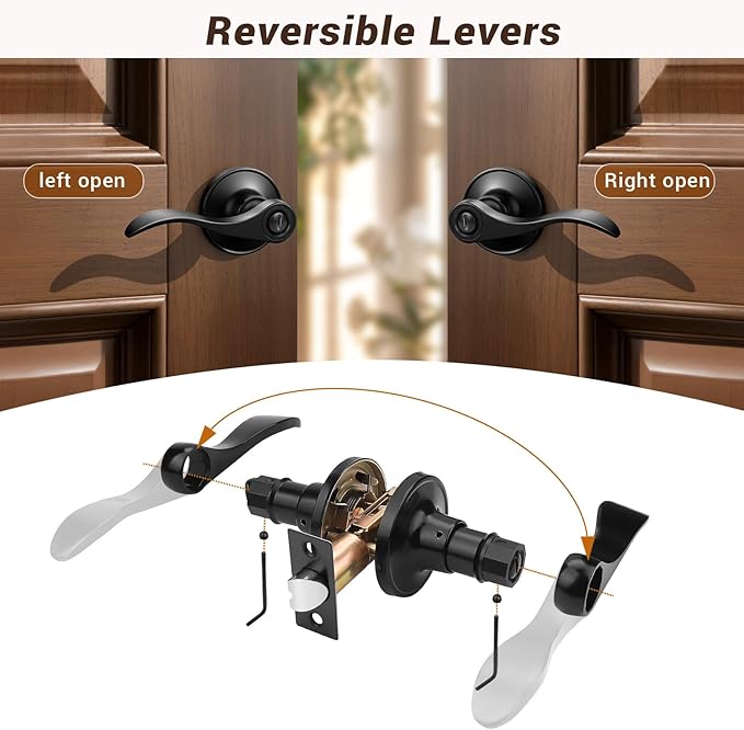 Knobonly 2 Pack Matte Black Privacy Door Levers Interior Door Handles for Bedroom and Bathroom Door Knobs Keyless Privacy Door Handles with Lock, Zinc Alloy Reversible for Right/Left