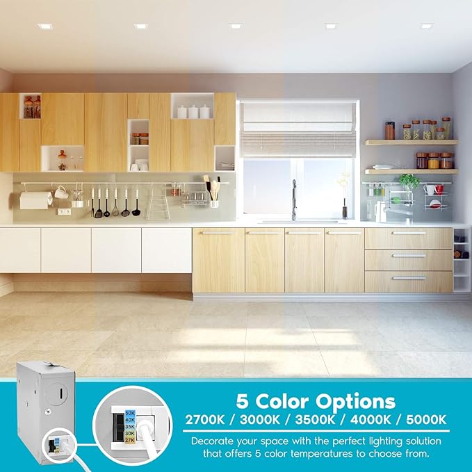 LUXRITE 4 Inch Ultra Thin Square LED Recessed Lighting, 5 Color Temperature Options 2700K - 5000K, Dimmable LED Downlight, 10W, IC Rated, Wet Rated, Canless LED Recessed Light, ETL Listed (6 Pack)