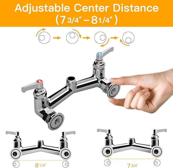 Commercial Sink Faucet Wall Mount with Pre Rinse Sprayer 8 inch Center Wall Mount Kitchen Sink Faucet 25" Height with 10" Add-on Swing Spout for 3 Compartment Sink-Round Sprayer