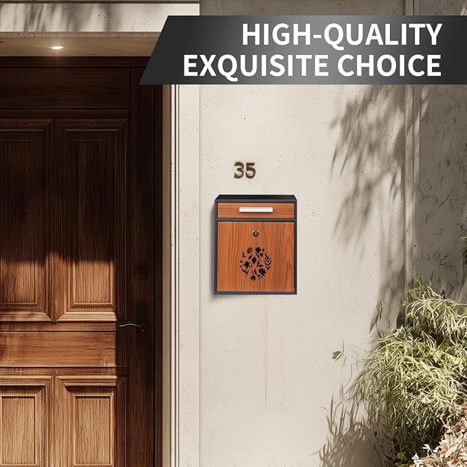 Wall Mount Mailbox, Large Capacity Mailbox for House Outside Galvanized Steel Rust-Proof Metal Post Drop Box, 12"×10.5"×4.7" Flower Hollowed Wooden Patterned Metal Sheet Black