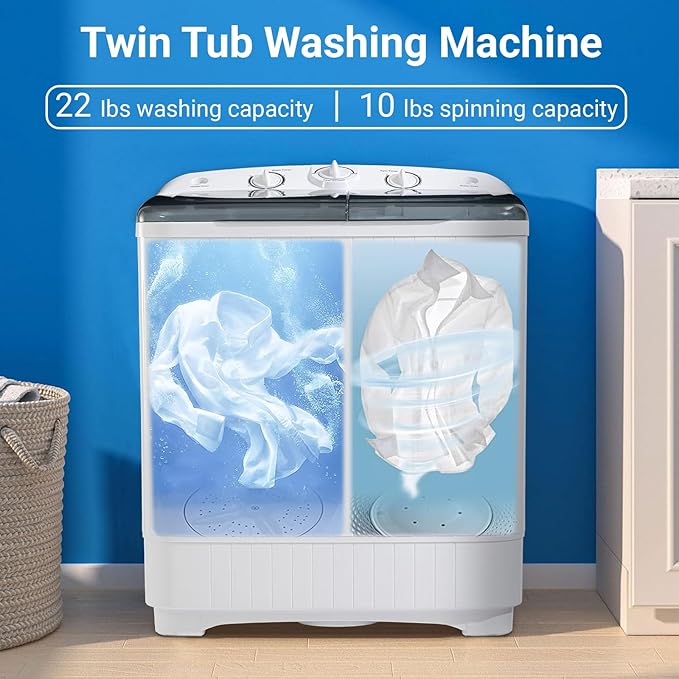 32 lbs Compact Mini Twin Tub Washing Machine with Drying Rack&10 Hangers, 20 lbs Washer Mini Compact Laundry Machine and 12 lbs Spinner, Convenient and Efficient for Dorms, Apartment