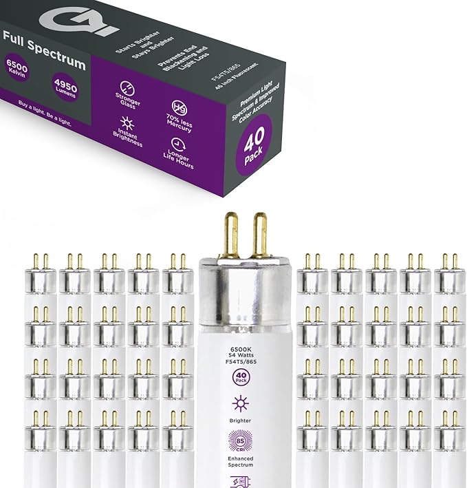 GoodBulb F54T5/865/ECO 54W 46 Inch T5 Fluorescent Light Bulb 6500K Daylight White Color, Medium Bi-Pin Base 4950 Lumens 85 CRI 36000 Life Hours Instant/Programmed Start 40 Bulbs Pack