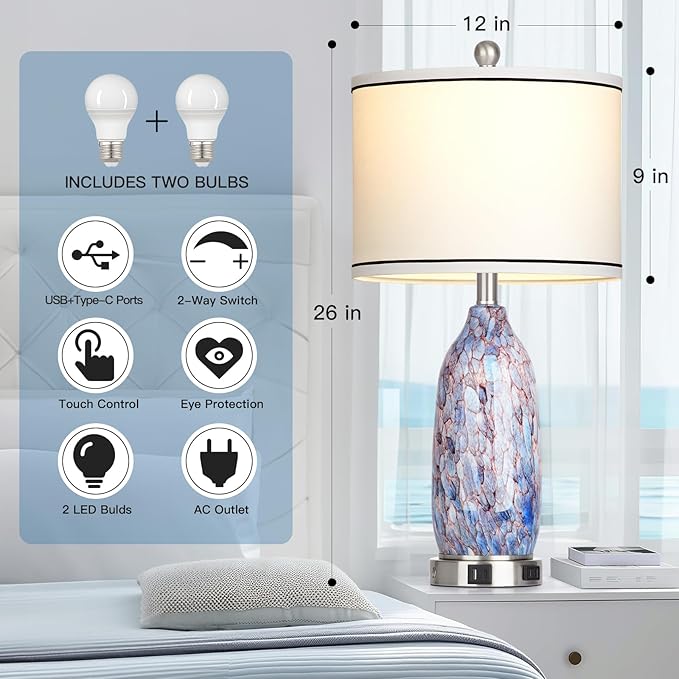 Coastal Lamps with USB A+C Ports & LED Night Light, Unique Seashells Glass Table Lamps with Natural Fabric Shade, Modern Touch Control Beach Bedside Lamp for Living Room Bedroom Nightstand Navy Blue