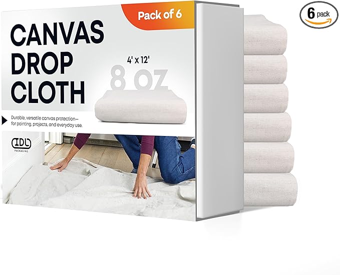 Canvas Drop Cloths 4' x 12', Pack of 6 - Reusable & Eco-Friendly Painters Drop Cloth for Furniture, Surfaces & Floor Protection - 100% Recycled Cotton Canvas Tarp for Home Renovation by IDL Packaging