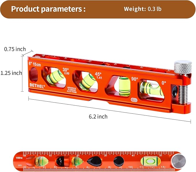 BETHEL 6 Inch Magnetic Torpedo Level with 4 Bubble Vials, V-Groove & Magnetic Rails, Orange Aluminum Alloy Construction