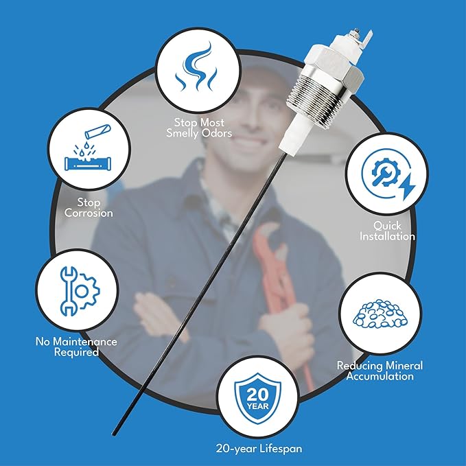 Powered Anode Rod for Water Heater Tank, Electric Anode Rod for Hot Water Heater, Electrical Titanium Anode Rod, Eliminates Rotten Egg Smell (Model B)