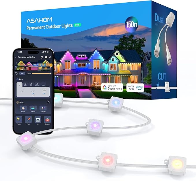 ASAHOM Permanent Outdoor Light Pro S108C, 150FT with 108 RGBCW 70lm LED, WLED Integration, AI Lighting, 30000 Lighting Effect Combination, IP67 Waterproof for Halloween Christmas Daily Decor, White