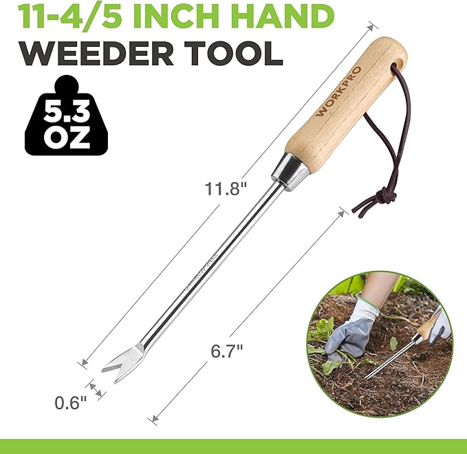 WORKPRO Dandelion Weeder Puller Tool with Wood Handle, Polished Stainless Steel Garden Weed Remover Tool, Two-Pronged Fork Weeder Tool for Lawn Farmland Transplant Gardening Plant Tool