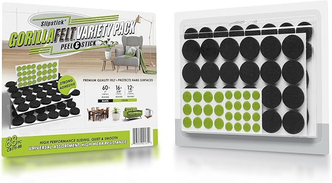Slipstick Gorilla Felt 1 Inch Furniture Pads (88 Piece Combo) Premium Furniture Pads & Chair Leg Floor Protectors for Hardwood Floors & Hard Surfaces