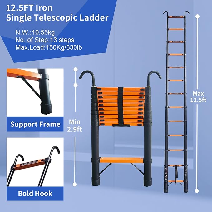 JADDUO Telescoping Ladder,12.5 FT Extension Ladder with Hook, Iron Lightweight Telescopic Ladder for Household and Outdoor Working
