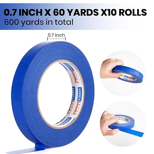 ADHES Upgrade Blue Painters Tape, 0.7 Inch x 60 Yards x 10 Rolls, Blue Paint Tape Masking Tape No Residue & Anti UV Multi Surface Painting Tape for Indoor and Outdoor Use