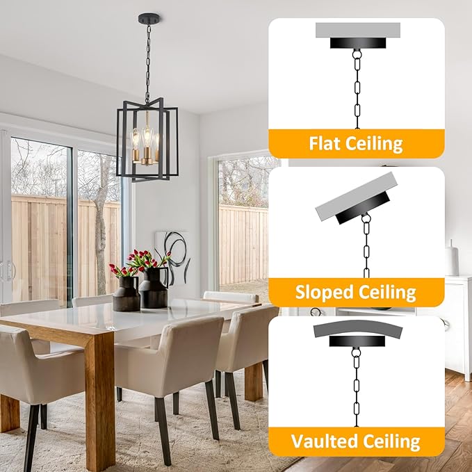 Black Gold Chandelier for Dining Room, Modern Farmhouse 3 Light Entryway Pendant Light Fixture Adjustable Geometric Industrial Rustic Foyer Light for Living Room Kitchen Island Hallway Bedroom