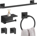5-Piece Black Bathroom Hardware Set, SUS304 Stainless Steel Bathroom Accessories Set 23.6 inches Towel Bar, Toilet Paper Holder with Shelf, Towel Ring and Two Towel Hooks Wall-Mounted