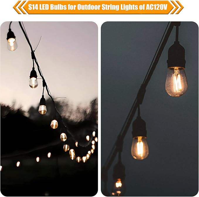 Replacement Bulbs for String Lights, 2W S14 Shatterproof Outdoor LED Light Bulbs, 2700K Soft White, E26 Base, AC120V, Not Dimmable, 30 Pack