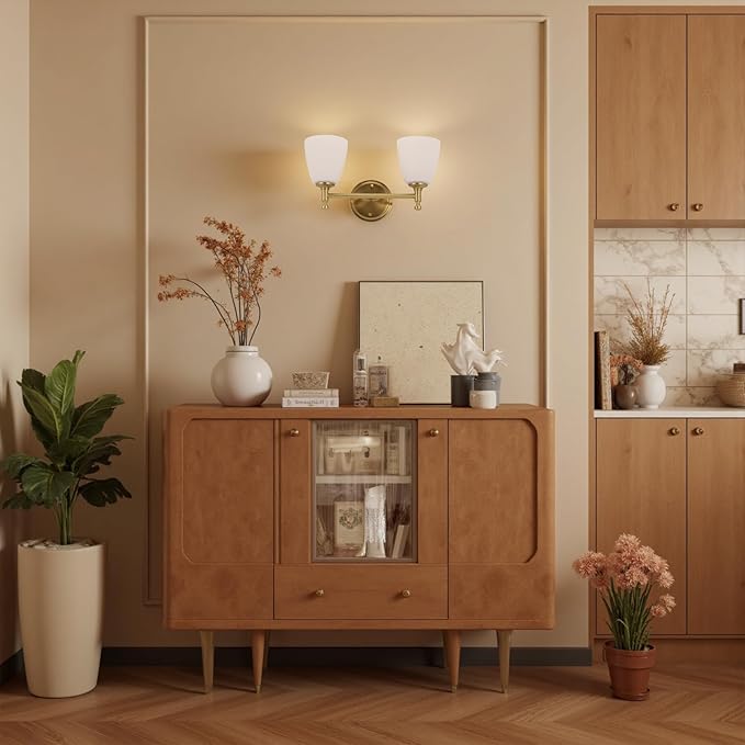 2-Light Gold Bathroom Light Fixtures, Wall Sconce with Brass Base & Milk Glass Shade, Gold Vintage Wall Lamp for Bedroom, Living Room, Hallway,Vanity,E26 Socket (Bulbs Not Included)