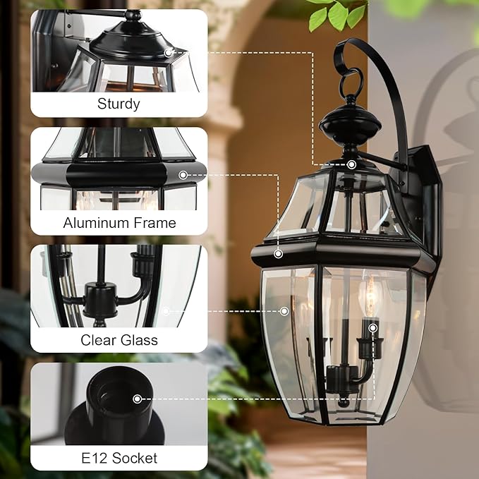 Outdoor Wall Lights, 20inch Large Exterior Lighting Fixtures, 2 Light Waterproof Wall Sconce with Glass Shades, Aluminium Outside Lanterns for Porch Farmhouse Patio Doorway Yard (E12 Base Max 40W)