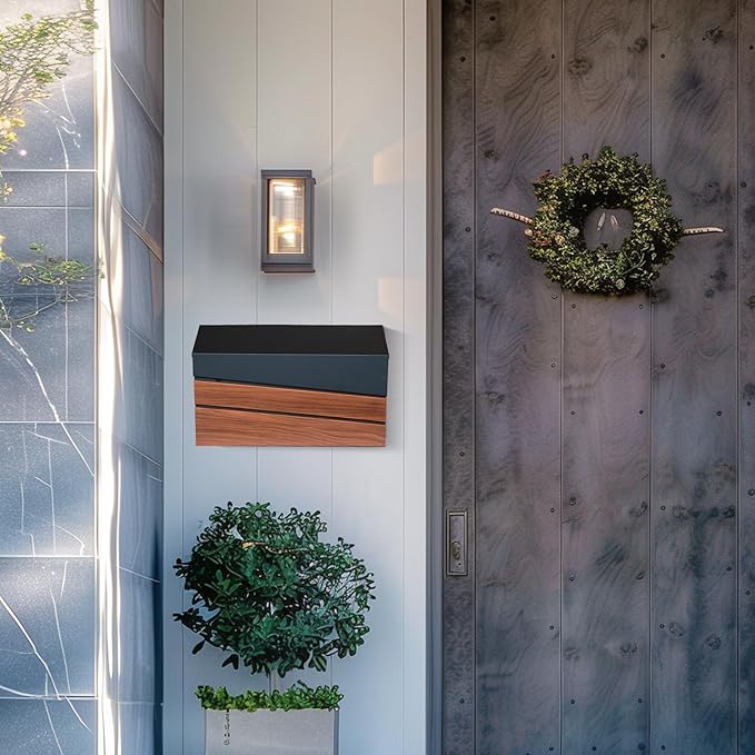 Wall-Mount Mailbox, Walnut Wood Panel, Rust Resistant Large Capacity House Mailbox, Morden Drop Mailboxes for Outside, Metal Post Box (No Keys Locking)