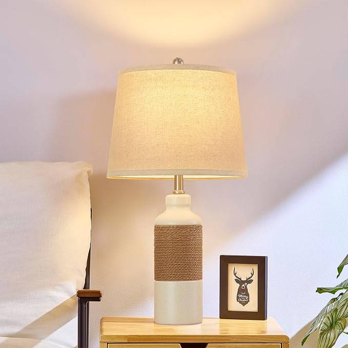 GyroVu Boho Rattan Table Lamp Set of 2, 3 Color Temperature Bedside Lamps, Lamps for Night Stands, Vintage Farmhouse Rattan Table Lamp Antique Lamp for Decoration, Living Room Bedside Table