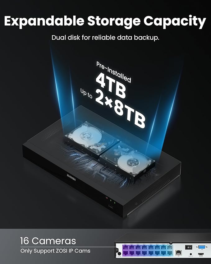 ZOSI 16CH 4K PoE Security Camera System,8pcs 4K C186 Aurora Lux Outdoor PoE Cameras with True Full Color Night Vision,Person Vehicle Detection,2 Way Audio,8MP 16CH NVR with 4TB HDD for 24/7 Recording