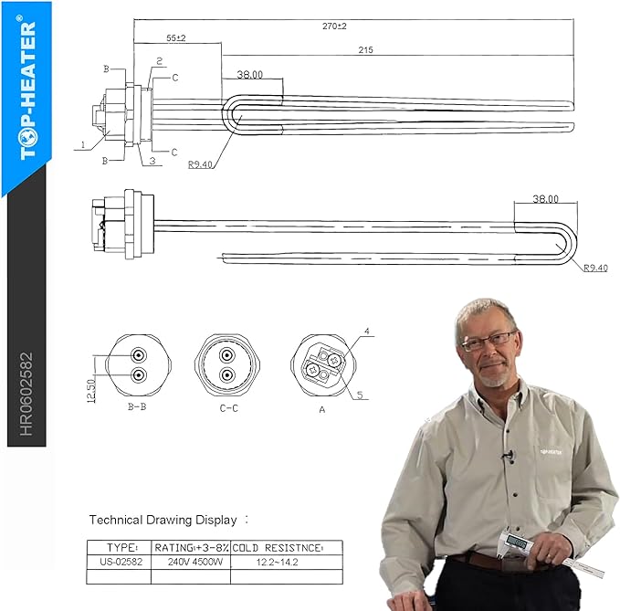 Water Heater Element 4500W,Screw-in,Foldback Type 02582 Water Heater Elements by TOP-HEATER, Fits Most Models As AO Smith, GE, Kenmore,Maytag,Whirlpool, Heater Element Replacement 1Pack