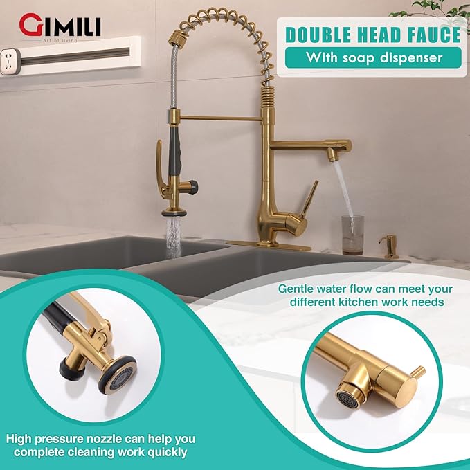 GIMILI Commercial Kitchen Faucet with Pull Down Sprayer, Double Headed Single Handle High Pressure Kitchen Faucet with Soap Dispenser Brushed Gold