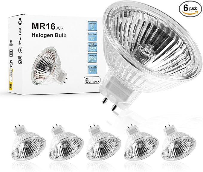 MR16 Halogen Light Bulb 2 pin 35W 12V, GU5.3 Base for Landscape Lights, Track Lights, Fiber Optics, Desk Lamps, 2700K Warm White Dimmable, 6 Pack