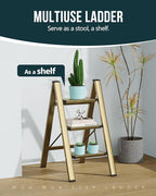 WOA WOA Step Ladder, 3 Step Foldable Step Stool with Widen Pedals, Portable Home Ladders for Kitchen, Lightweight Aluminum Stepladder, Compact Ladder for Space Saving (300lbs, Gold)