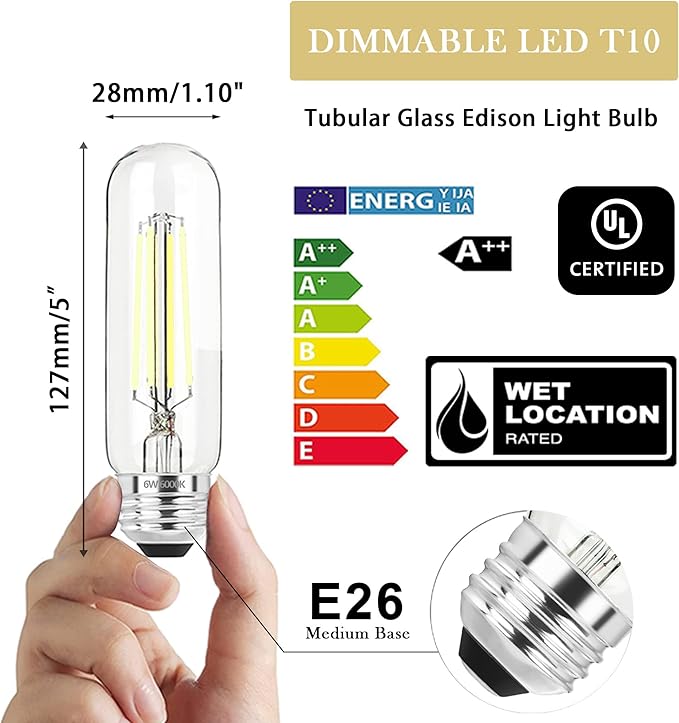 5 Inch Edison Bulb, 6000K Cool White E26 Led Bulb 6W Dimmable, 800LM T10 T9 Bulb Clear Glass Tubular Light Bulbs, AC 120V Equal 80 Watt Bulbs for Chandelier Pendant Wall Light - 6Pack