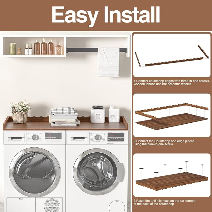 Giluta Large Washer Dryer Countertop, 27.6" x 54" Wooden Laundry Countertop with 6 Non-Slip Pads for Laundry Room Organization and Storage.