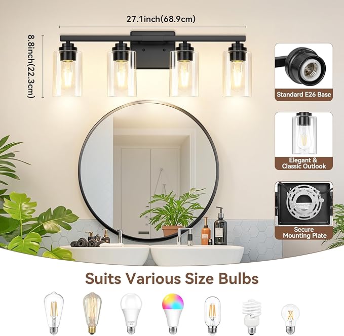 4-Light Bathroom Light Fixtures, 27" Modern Vanity Lights Over Mirror with Clear Glass Shades, Matte Black Light Fixture, Classic Wall Light Fixture for Mirror Living Room Cabinet Bedroom Porch