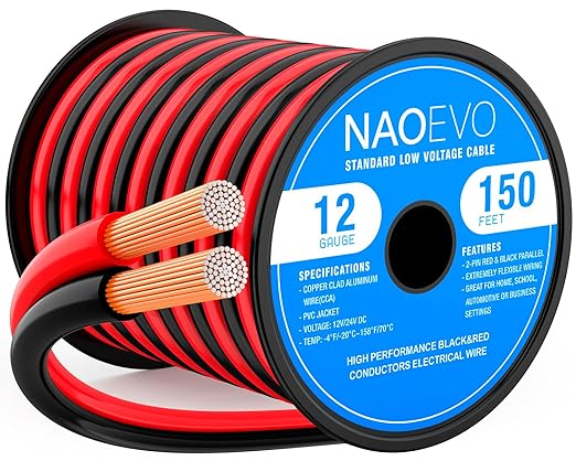 NAOEVO 12 Gauge Wire 150FT, 2 Conductors Electrical Wire Red Black Cable, Flexible/Low Voltage/PVC 12 AWG Copper Clad Aluminum Extension Cord for Speaker, LED Strips, Automotive 12V/24V DC